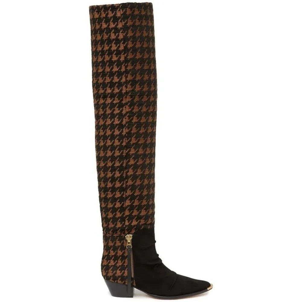 Schutz Tenia Boots Black Suede Houndstooth Tweed Over The Knee NEW $575